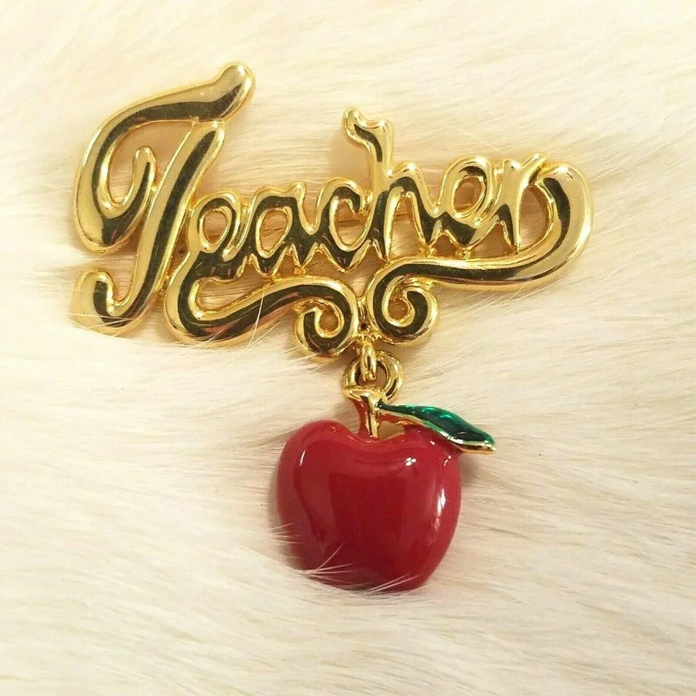 Vintage Teacher Apple Brooch Enamel Pin Gold Tone Dangle Charm School 4870